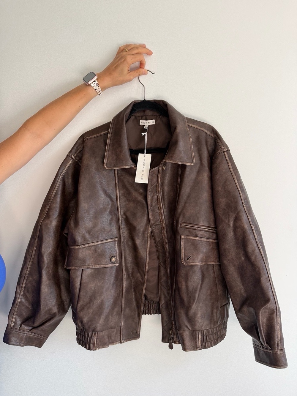 Moon River Brown Leather Bomber Jacket